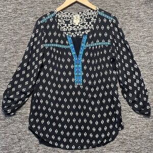 One‎ September Anthropologie Printed Tunic Top Womens XL Blue Embroidered Boho